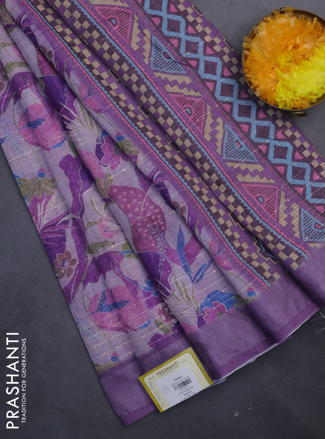 Linen cotton saree purple shade with allover floral prints & sequin work and silver zari woven border