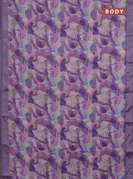 Linen cotton saree purple shade with allover floral prints & sequin work and silver zari woven border