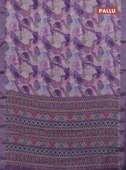 Linen cotton saree purple shade with allover floral prints & sequin work and silver zari woven border