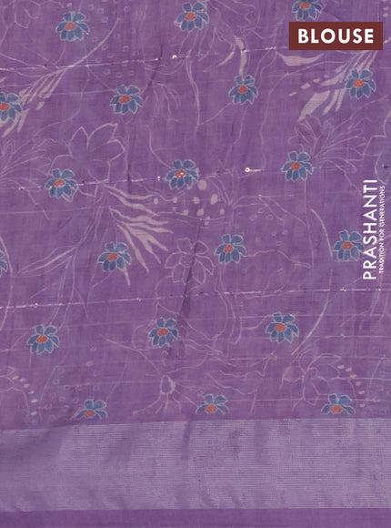 Linen cotton saree purple shade with allover floral prints & sequin work and silver zari woven border
