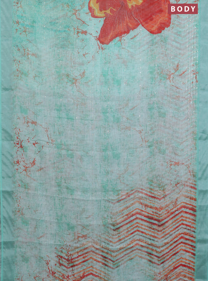 Linen cotton saree teal green with allover prints & sequin work and silver zari woven border
