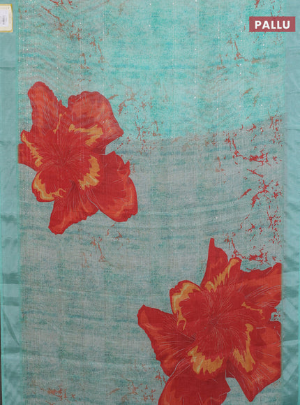 Linen cotton saree teal green with allover prints & sequin work and silver zari woven border