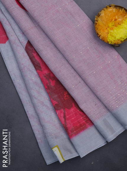 Linen cotton saree pastel grey with allover prints & sequin work and silver zari woven border