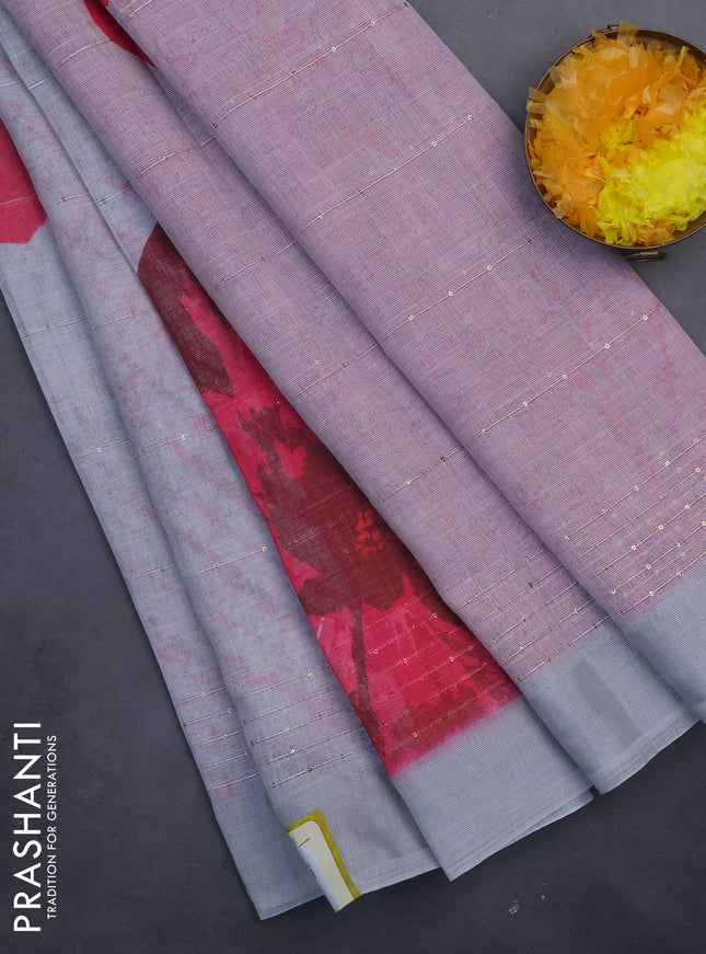 Linen cotton saree pastel grey with allover prints & sequin work and silver zari woven border
