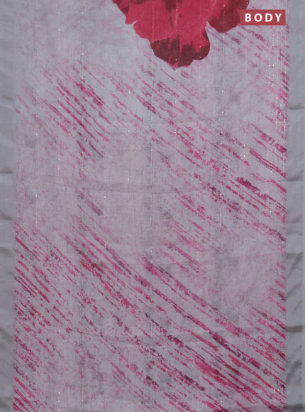 Linen cotton saree pastel grey with allover prints & sequin work and silver zari woven border