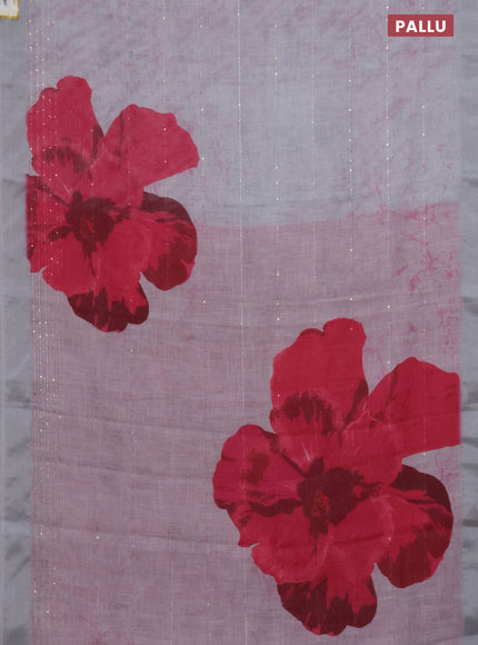 Linen cotton saree pastel grey with allover prints & sequin work and silver zari woven border