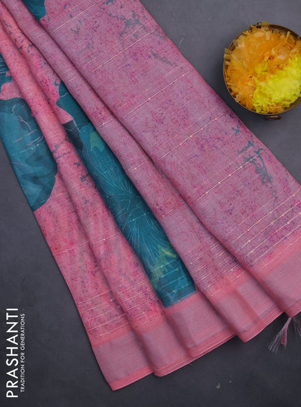 Linen cotton saree peach pink with allover prints & sequin work and silver zari woven border