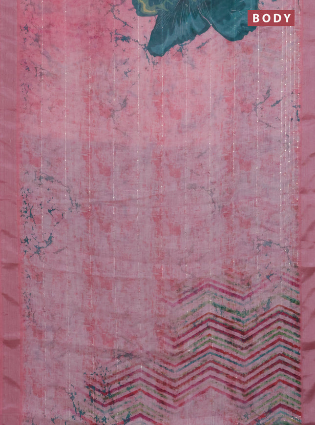 Linen cotton saree peach pink with allover prints & sequin work and silver zari woven border