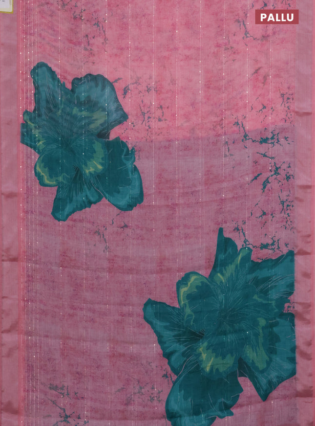 Linen cotton saree peach pink with allover prints & sequin work and silver zari woven border