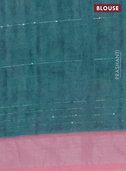 Linen cotton saree peach pink with allover prints & sequin work and silver zari woven border