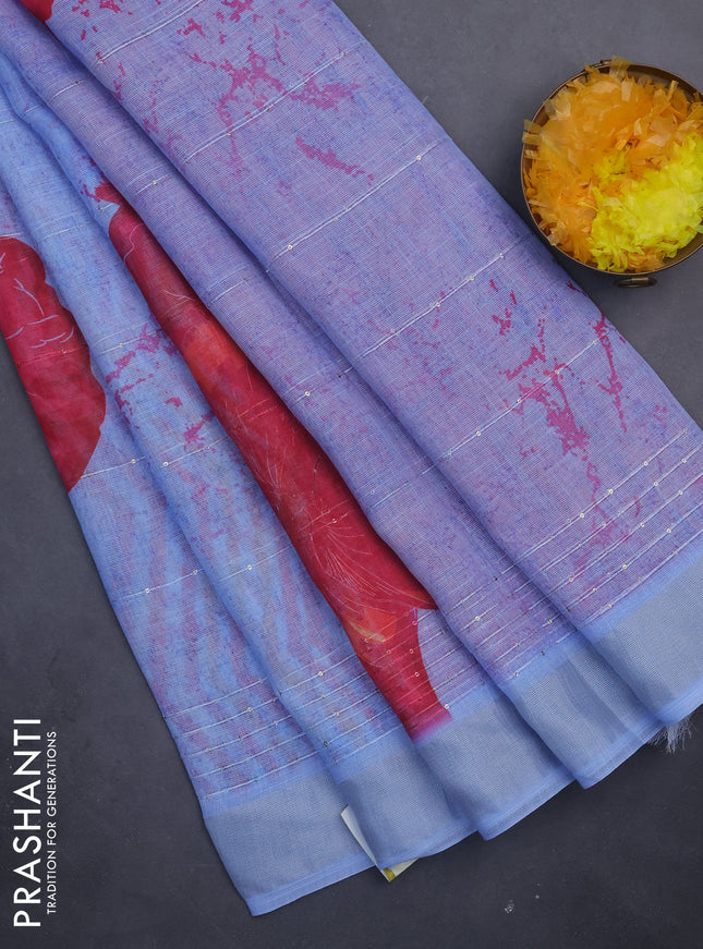 Linen cotton saree pastel blue with allover prints & sequin work and silver zari woven border