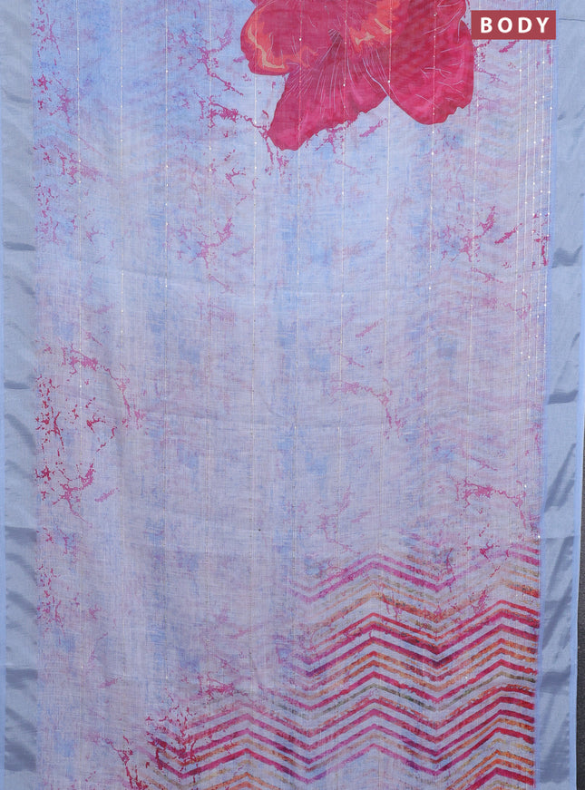 Linen cotton saree pastel blue with allover prints & sequin work and silver zari woven border
