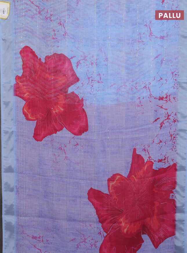 Linen cotton saree pastel blue with allover prints & sequin work and silver zari woven border