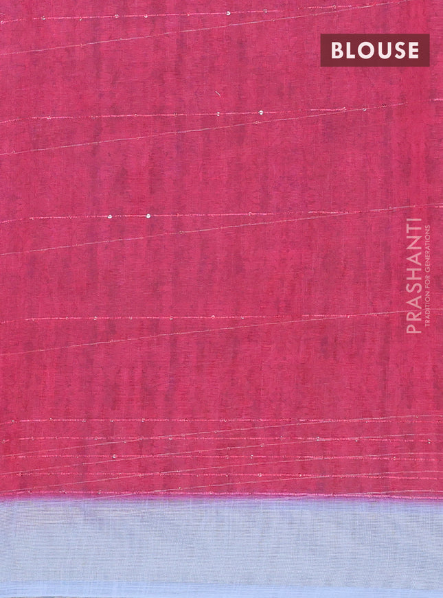 Linen cotton saree pastel blue with allover prints & sequin work and silver zari woven border