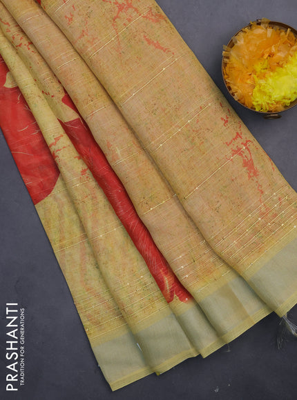 Linen cotton saree yellow with allover prints & sequin work and silver zari woven border