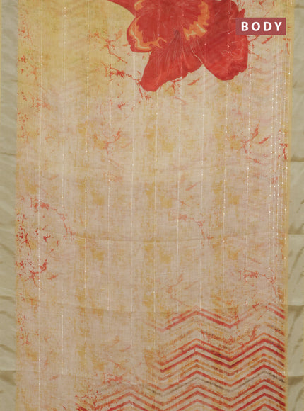 Linen cotton saree yellow with allover prints & sequin work and silver zari woven border