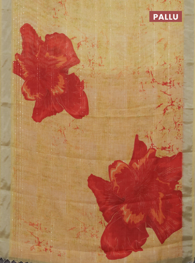 Linen cotton saree yellow with allover prints & sequin work and silver zari woven border