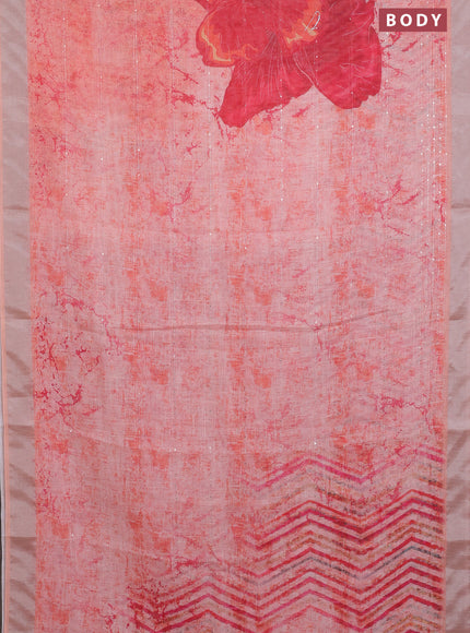 Linen cotton saree pale orange with allover prints & sequin work and silver zari woven border