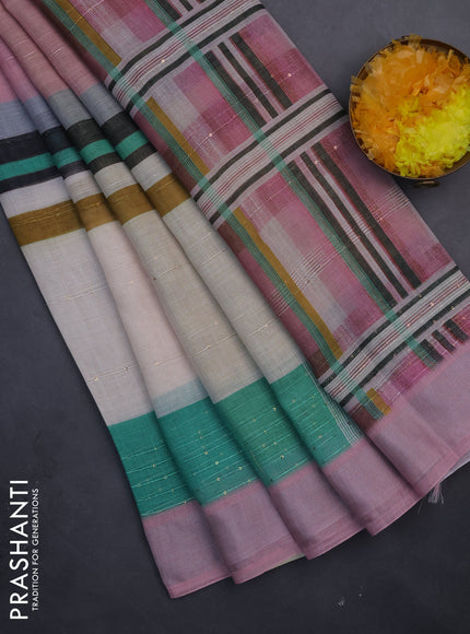Linen cotton saree pastel pink and off white with stripes pattern & sequin work and silver zari woven border