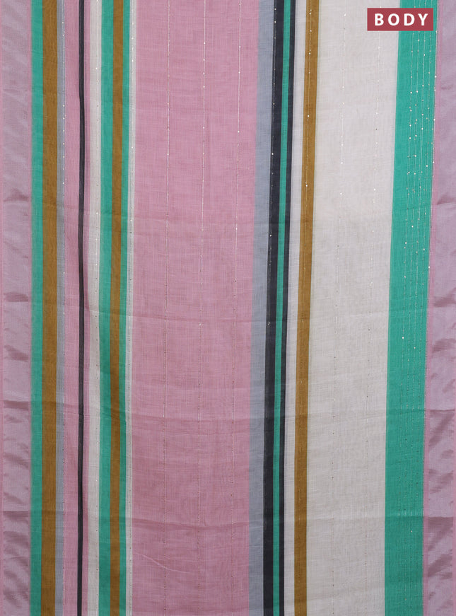 Linen cotton saree pastel pink and off white with stripes pattern & sequin work and silver zari woven border