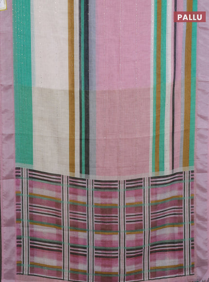 Linen cotton saree pastel pink and off white with stripes pattern & sequin work and silver zari woven border