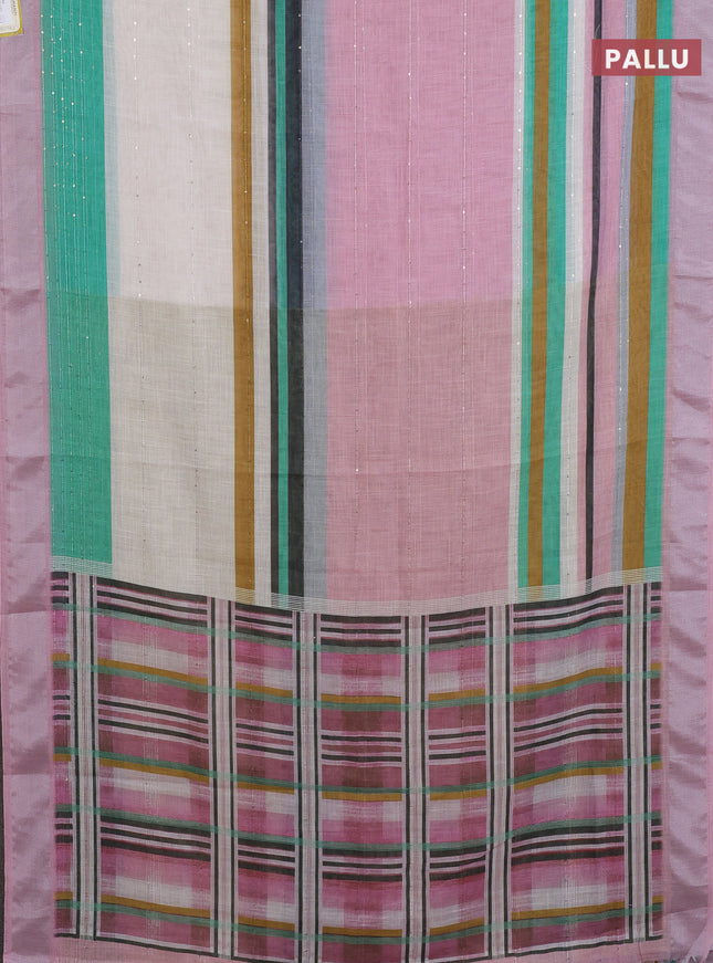 Linen cotton saree pastel pink and off white with stripes pattern & sequin work and silver zari woven border