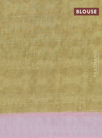 Linen cotton saree pastel pink and off white with stripes pattern & sequin work and silver zari woven border