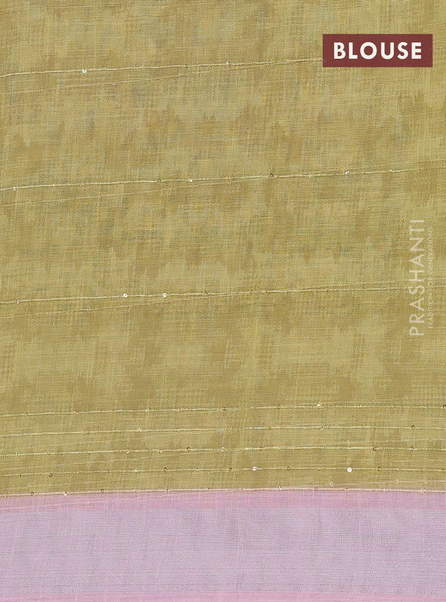 Linen cotton saree pastel pink and off white with stripes pattern & sequin work and silver zari woven border