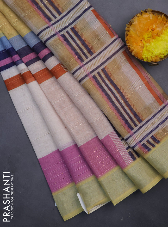 Linen cotton saree yellow and off white with stripes pattern & sequin work and silver zari woven border