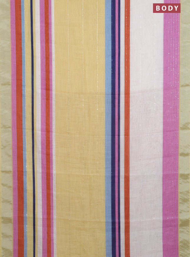 Linen cotton saree yellow and off white with stripes pattern & sequin work and silver zari woven border