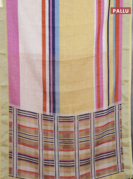 Linen cotton saree yellow and off white with stripes pattern & sequin work and silver zari woven border