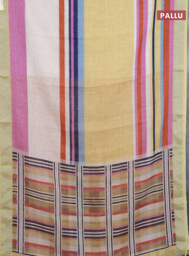 Linen cotton saree yellow and off white with stripes pattern & sequin work and silver zari woven border