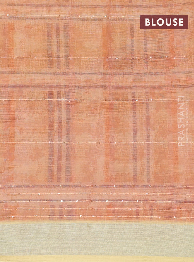 Linen cotton saree yellow and off white with stripes pattern & sequin work and silver zari woven border