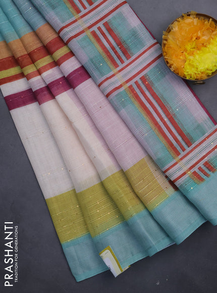 Linen cotton saree pastel green and off white with stripes pattern & sequin work and silver zari woven border