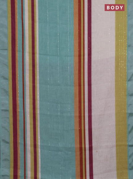 Linen cotton saree pastel green and off white with stripes pattern & sequin work and silver zari woven border