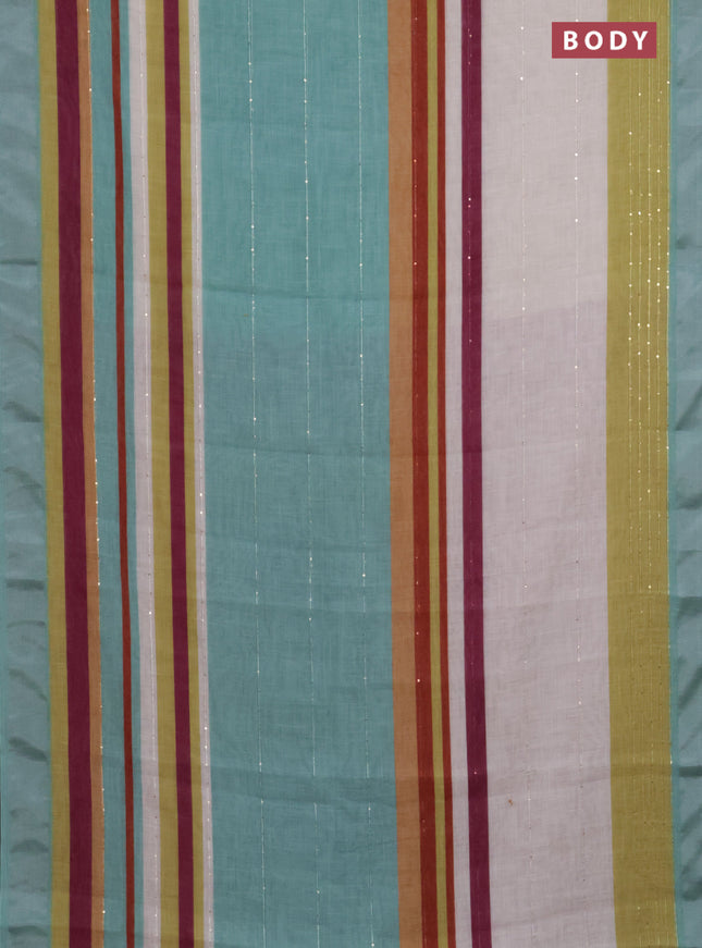Linen cotton saree pastel green and off white with stripes pattern & sequin work and silver zari woven border