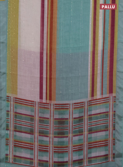 Linen cotton saree pastel green and off white with stripes pattern & sequin work and silver zari woven border