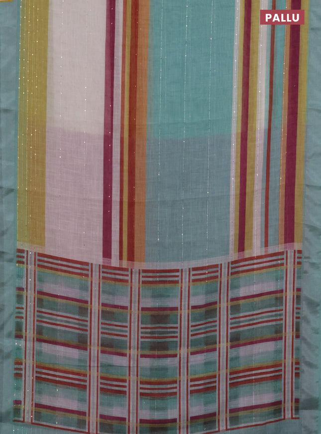 Linen cotton saree pastel green and off white with stripes pattern & sequin work and silver zari woven border