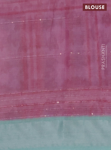 Linen cotton saree pastel green and off white with stripes pattern & sequin work and silver zari woven border