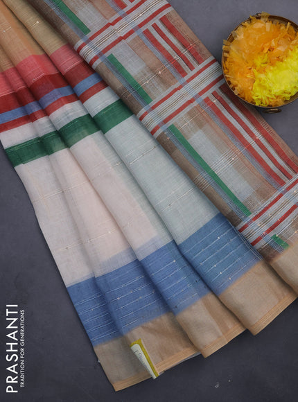 Linen cotton saree pale orange and off white with stripes pattern & sequin work and silver zari woven border