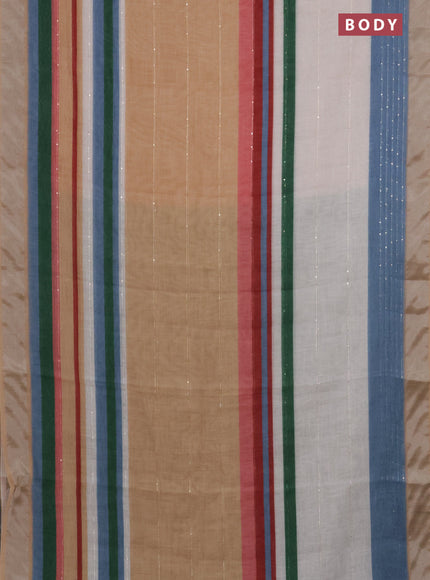 Linen cotton saree pale orange and off white with stripes pattern & sequin work and silver zari woven border