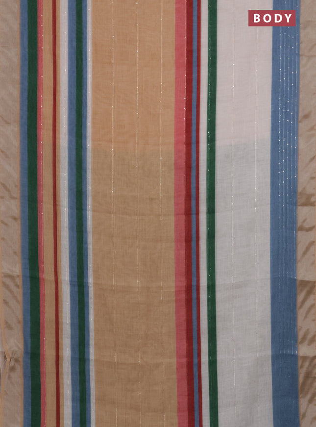 Linen cotton saree pale orange and off white with stripes pattern & sequin work and silver zari woven border