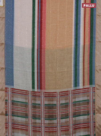 Linen cotton saree pale orange and off white with stripes pattern & sequin work and silver zari woven border