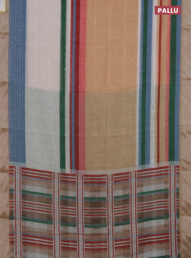 Linen cotton saree pale orange and off white with stripes pattern & sequin work and silver zari woven border