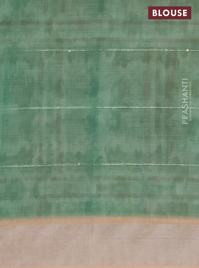 Linen cotton saree pale orange and off white with stripes pattern & sequin work and silver zari woven border