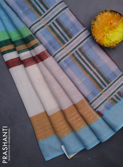 Linen cotton saree pastel blue and off white with stripes pattern & sequin work and silver zari woven border
