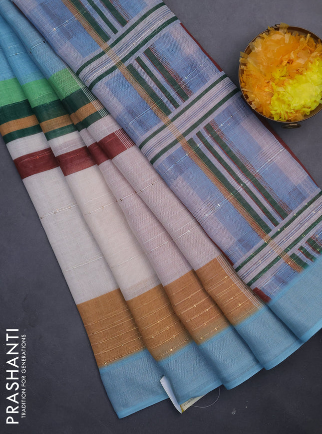 Linen cotton saree pastel blue and off white with stripes pattern & sequin work and silver zari woven border