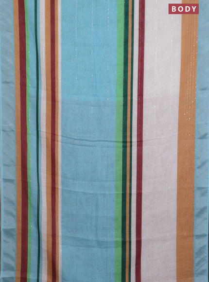 Linen cotton saree pastel blue and off white with stripes pattern & sequin work and silver zari woven border