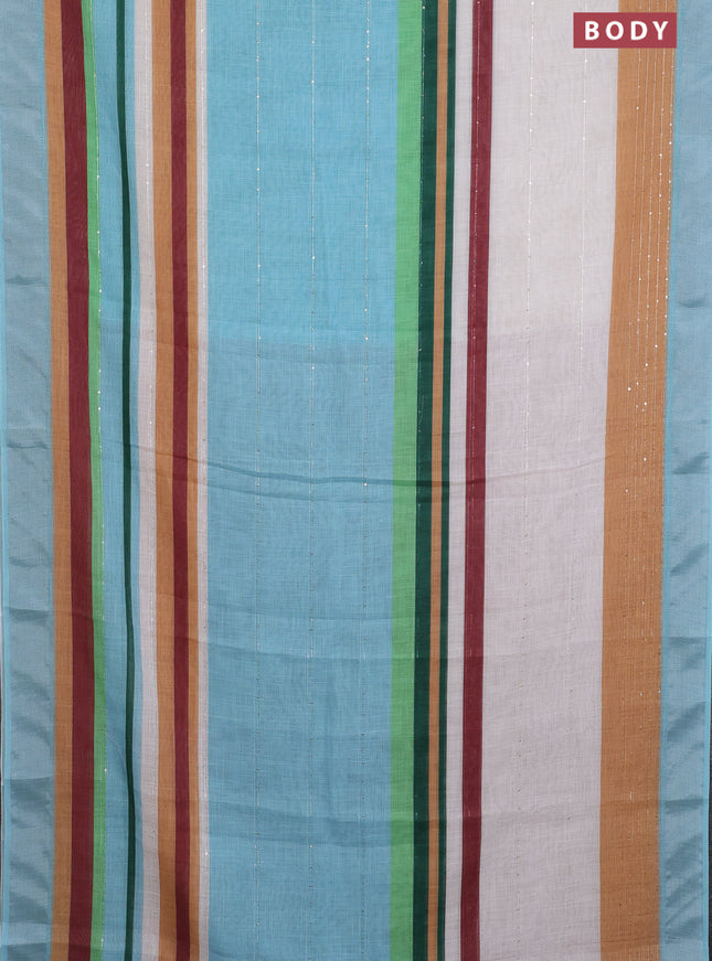 Linen cotton saree pastel blue and off white with stripes pattern & sequin work and silver zari woven border