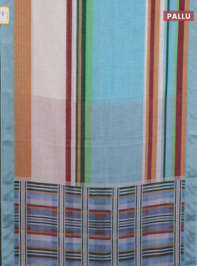 Linen cotton saree pastel blue and off white with stripes pattern & sequin work and silver zari woven border